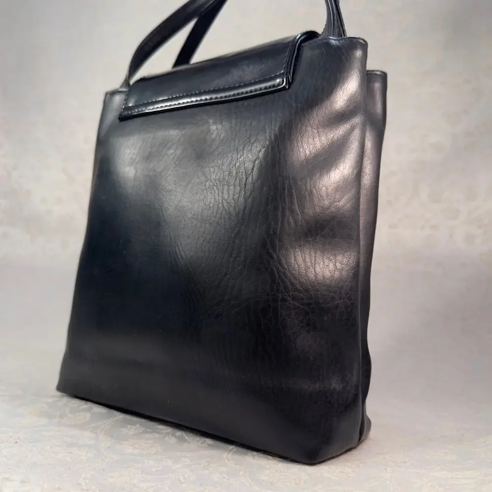 Faux Leather Sleek Black Shoulder Bag Silver Hardware